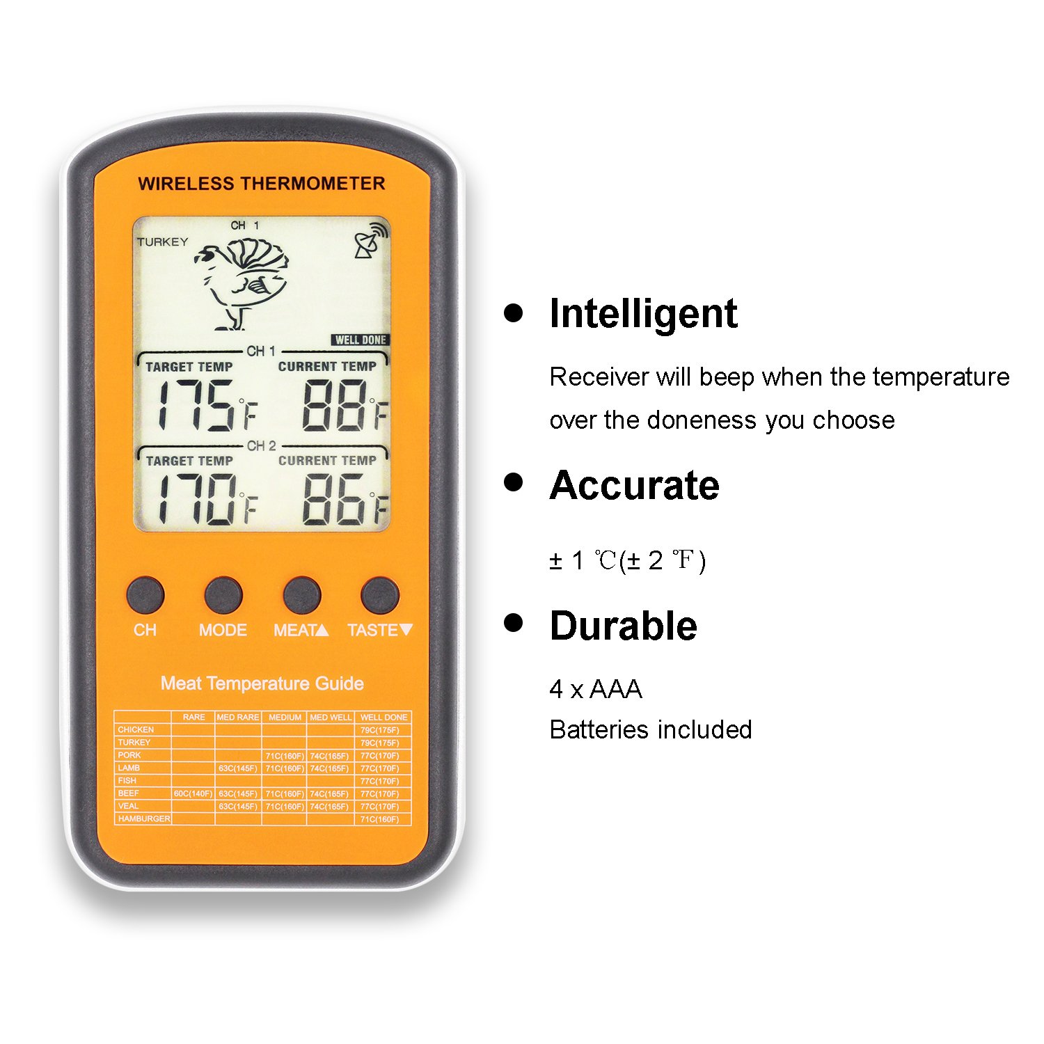 TOROAST Barbecue Backofen Grillthermometer, BBQ Bratenthermometer, Fleisch Küche Thermometer mit Temperaturalarm, Dual Edelstahl Fühler, °C und °F einstellbar, Batterien enthalten