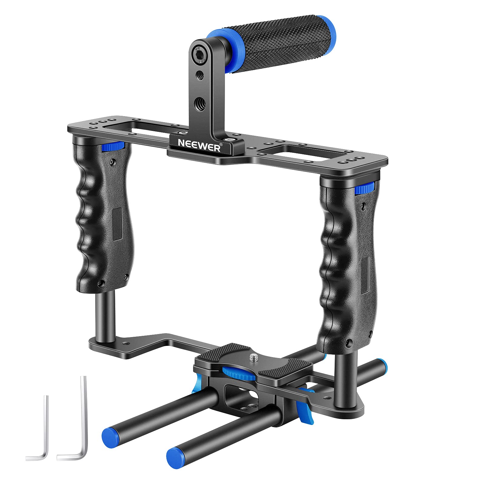 Neewer Aluminum Alloy Camera Video Cage Film Movie Making Kit include:(1)Video Cage(1)Top Handle Grip(2)15mm Rod for DSLR Cameras Such as Canon 5D mark II III 700D 650D Nikon D7200 Pentax Sony Olympus