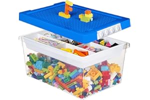 loobuu Plastic Storage Bins with Lids - 1 Set Stackable Arts Crafts Organizer Box with Removable Divided Tray &Compatible Building Baseplate,Toy Chest Containers for Bricks -Blue(14.37"x9.64"x6.69")