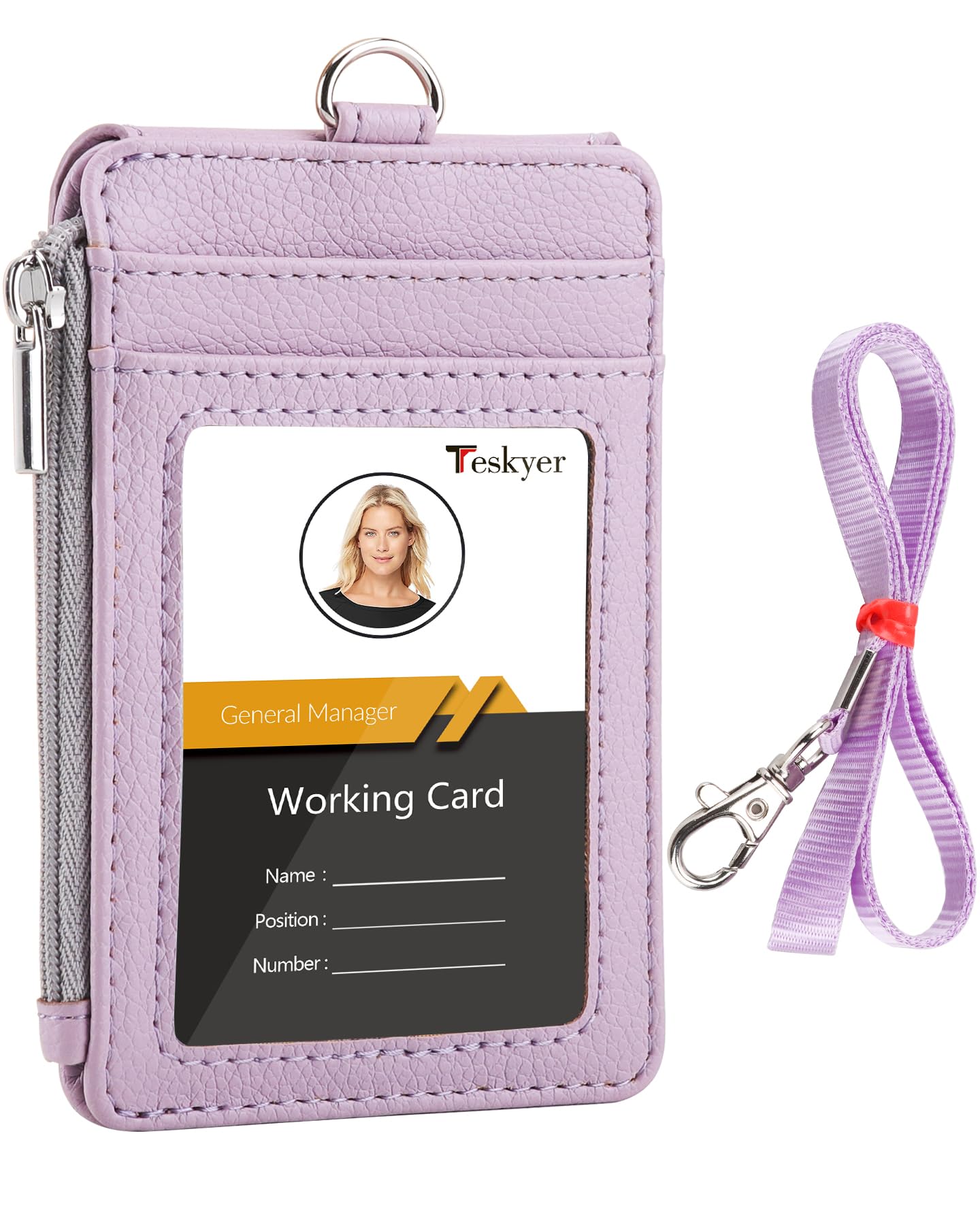 Teskyer Badge Holder with Lanyard, Slim Credit Card Wallets, Card Holder with Zipper Pocket, 1 ID Window, Holds up to 4 Cards, PU Leather, Light Purple