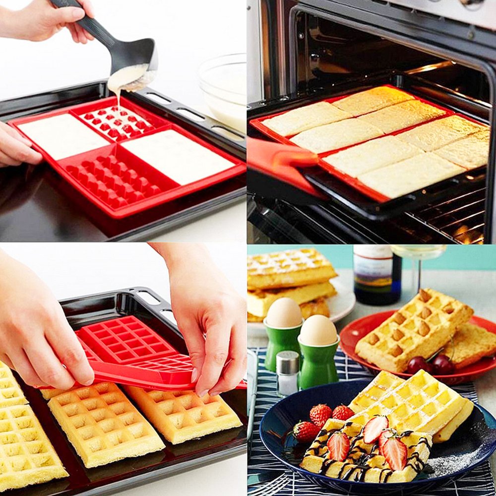 Waffel Form 2er Set Herz und Rechteckige Silikon Backform Kuchenform Eiswürfelform Schokoladen Süßigkeiten Formen Rot