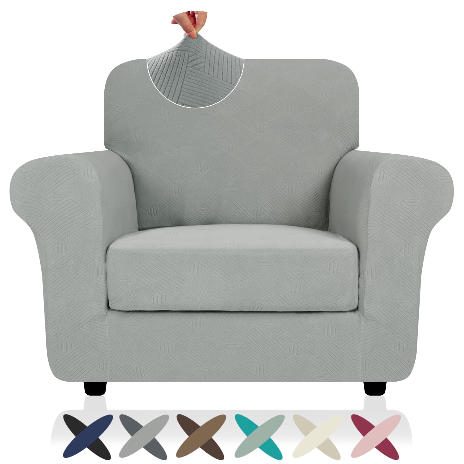 Photo 1 of 2025 Striped Chair Covers 2 Piece, Stretch Chair Slipcover with Arms for Living Room, Anti-Slip Armchair Cover with Bottom Ties, Thick Durable Washable, Soft Cozy Protector (31"-46", Light Grey)
