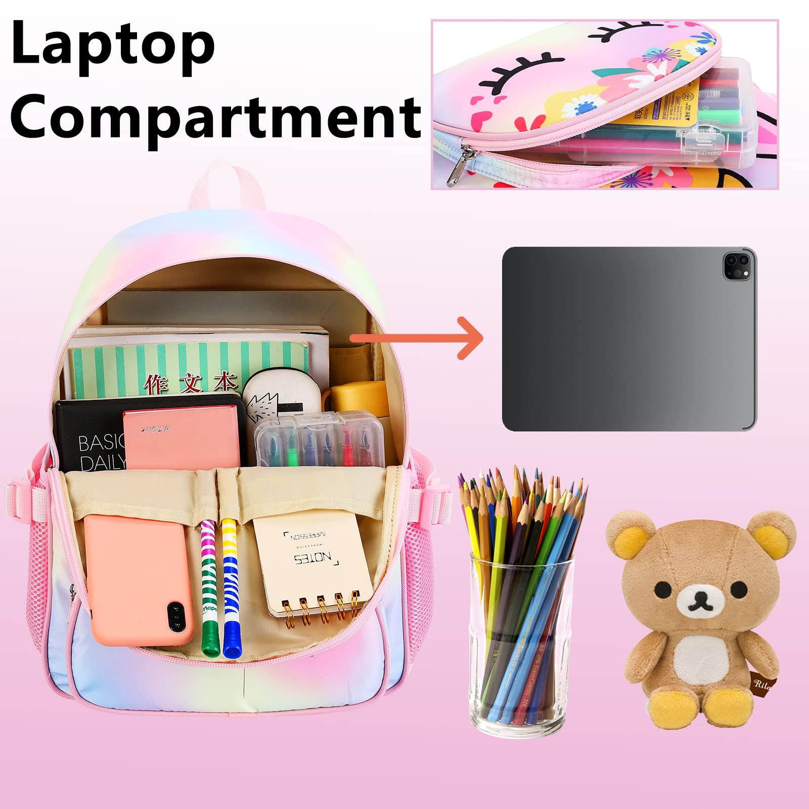 Kids Backpack Girls School Backpack Preschool Kindergarten Unicorn Toddler BookBag with Chest Clip (Tie Dye headband)