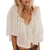 Womens Summer Boho Lace Half Sleeve Beach Tops Button Down V-Neck Chiffon Ruffle Trim Blouse Shirts Y2k Clothes