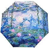 YZGO ALAZA Monet Claude Water Lilies Oil Painting Travel Umbrella Auto Open Close Windproof Waterproof Folding Umbrella Compact Canopy Easy Carrying Christmas Gift