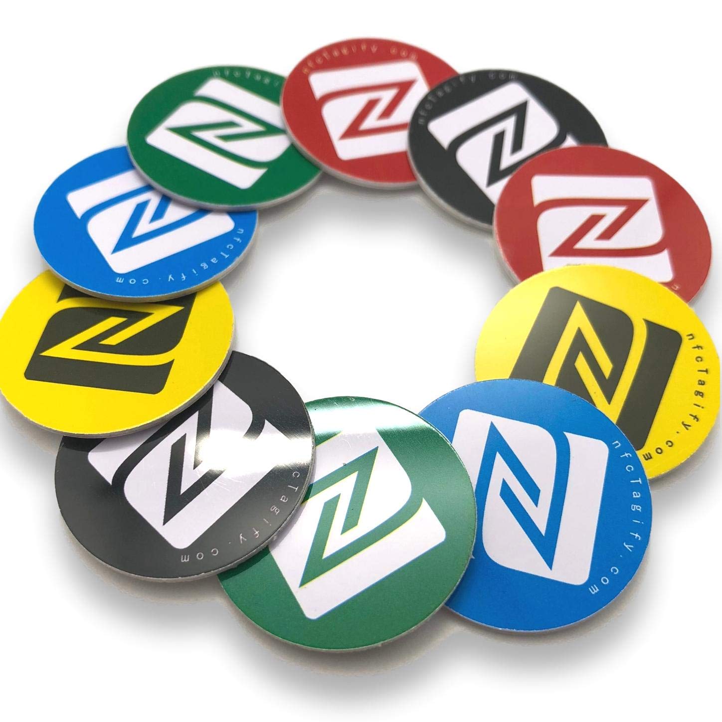 10 x NFC Tags | NXP Chip NTAG215 | 504 Bytes Memory | round Stickers, Mixed colours| Hard PVC and Strong 3M Glue | High Scan Strength | Compatible with Tagmo Amiibo