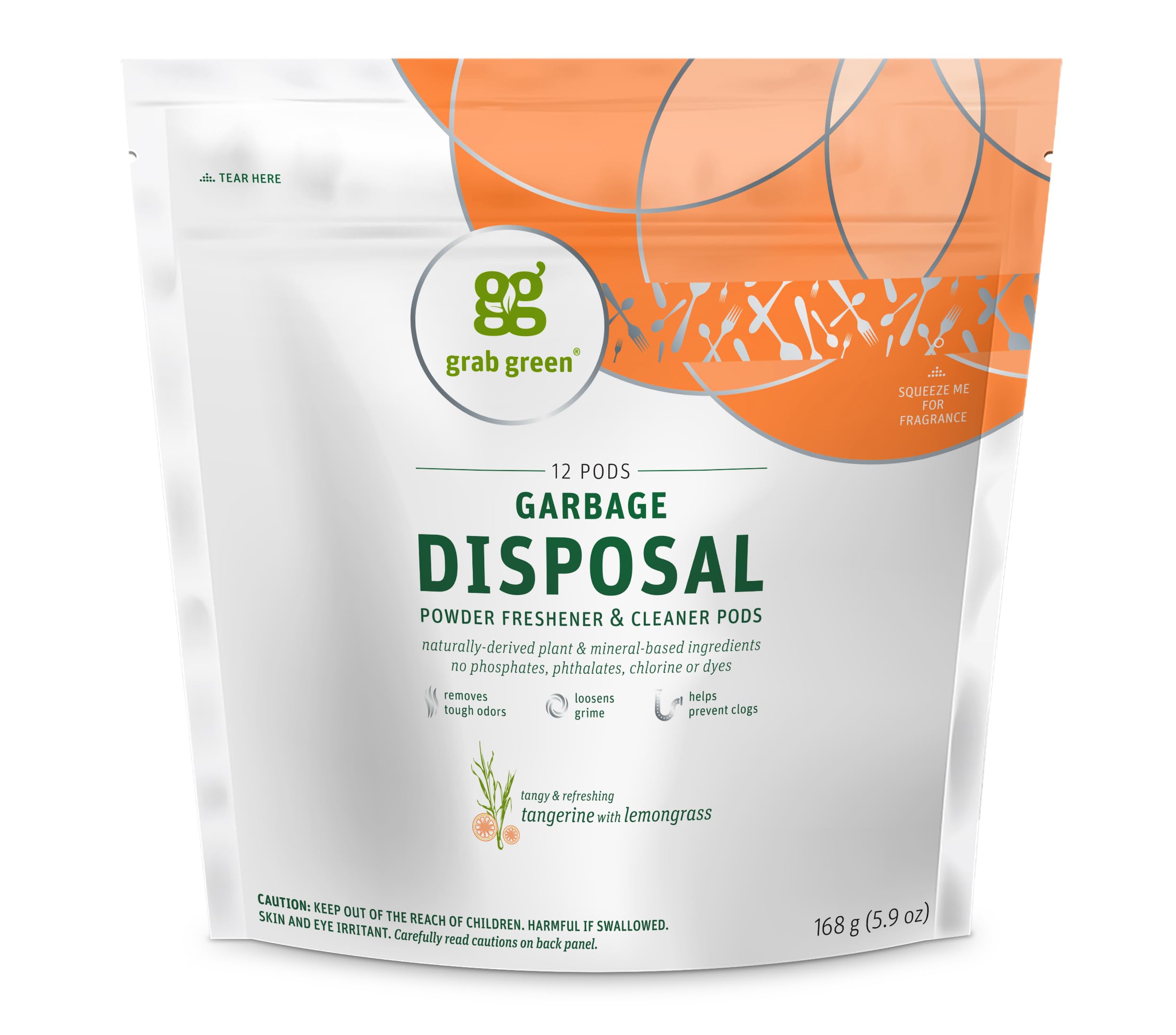 Grab Green Garbage Disposal Freshener and Cleaner Pods, 12 Count, Tangerine with Lemongrass Scent, Plant and Mineral Based, Removes Odors, Loosens Grime, Prevents Clogging