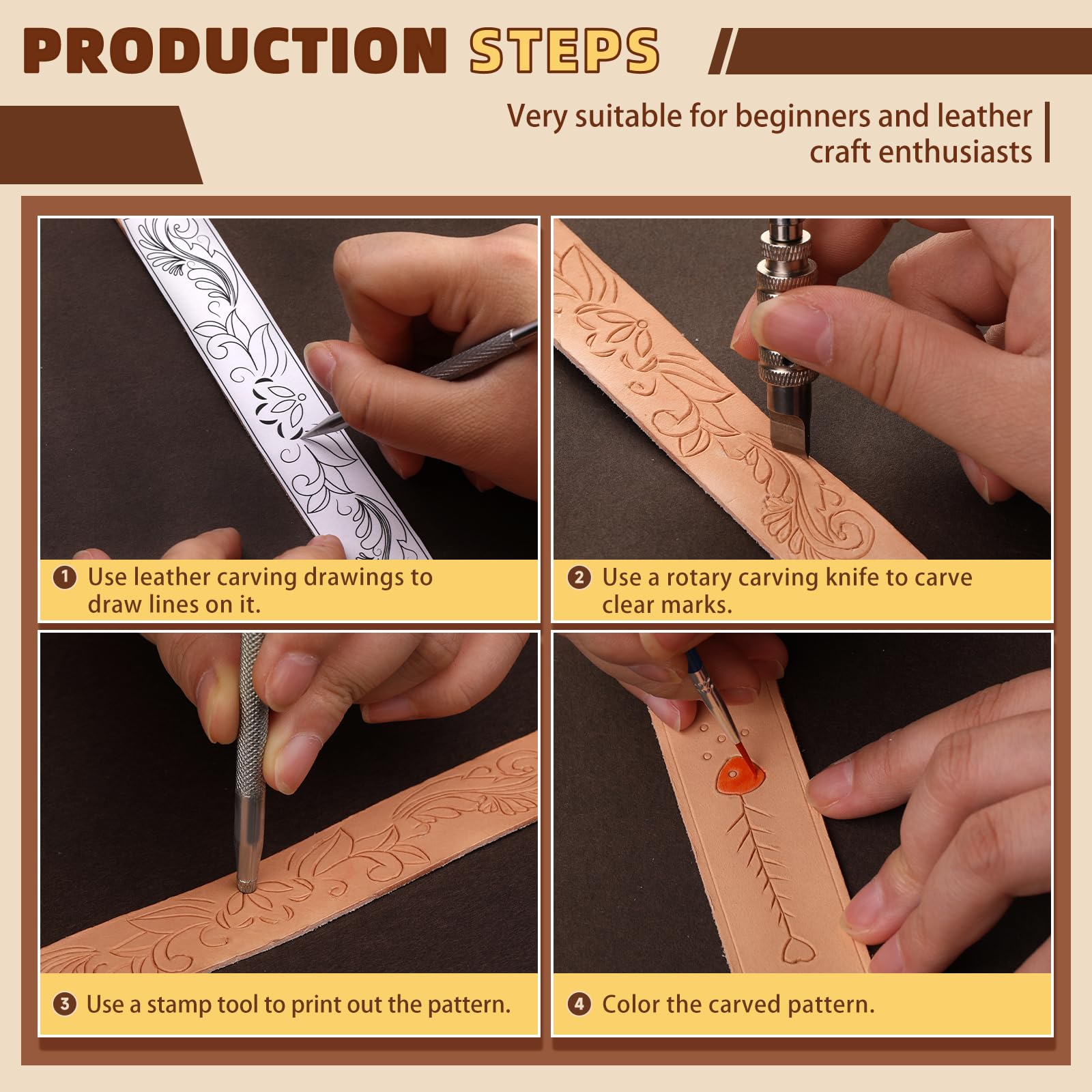 Leather Crafting Kit: Leather Working Tools and Supplies for DIY Craft Beginners Stamping Dyeing Carving Sewing Edge Sealing with Video Tutorials for Earrings Wallet Keychain Wristband Bookmark