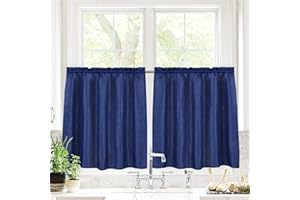 Valea Home Waffle Weave Textured Bathroom Window Curtains Water Repellent Short Curtains Window Covering Half Window Curtains Kitchen Tiers 24 inch Length, Navy Blue, Set of 2