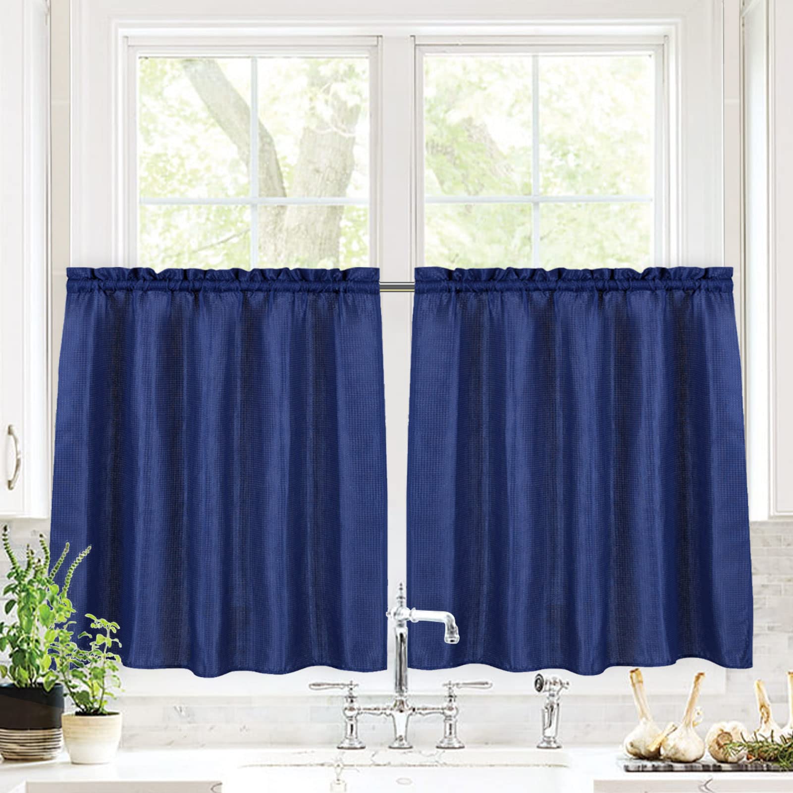 Valea Home Waffle Weave Textured Bathroom Window Curtains Water Repellent Short Curtains Window Covering Half Window Curtains Kitchen Tiers 24 inch Length, Navy Blue, Set of 2
