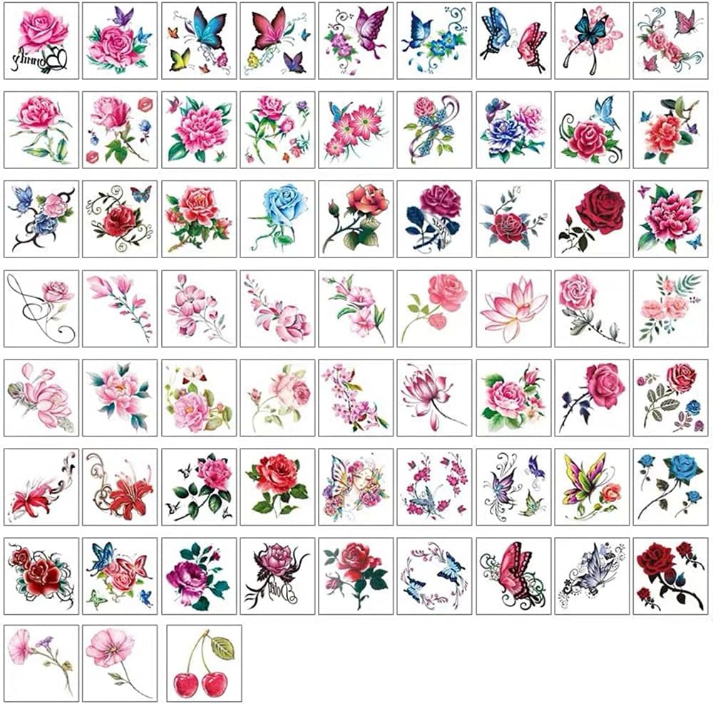Yesallwas 66 Pcs Temporary Flower Tattoos Rose Peony Butterfly Blossoms Flash