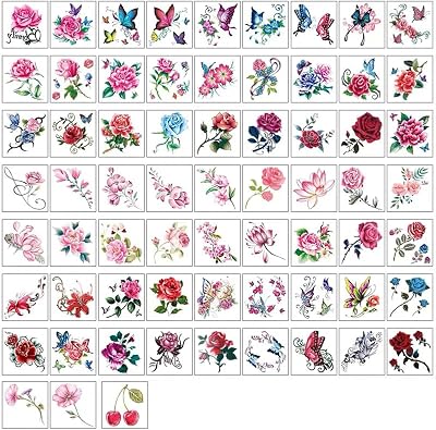 Yesallwas 66 Pcs Temporary Flower Tattoos Rose Peony Butterfly Blossoms Flash