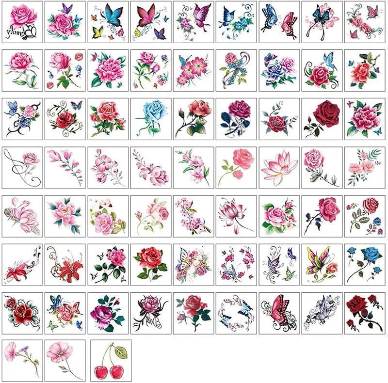 Yesallwas 66 Pcs Temporary Flower Tattoos Rose Peony Butterfly Blossoms Flash