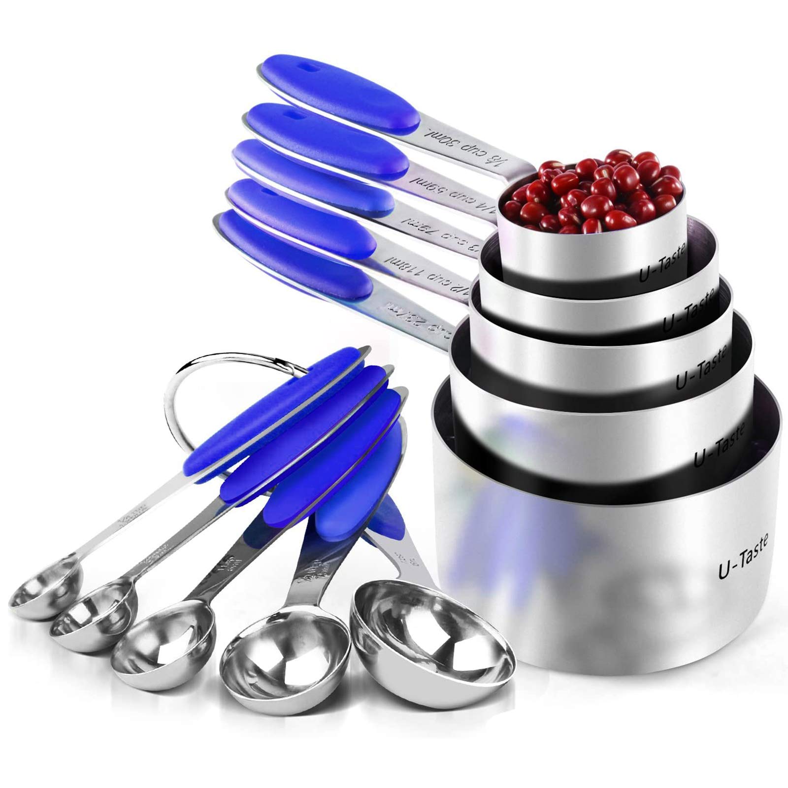U-Taste 18/8 Stainless Steel Measuring Cups and Spoons Set of 10, Upgraded Thickness Handle (Blue)