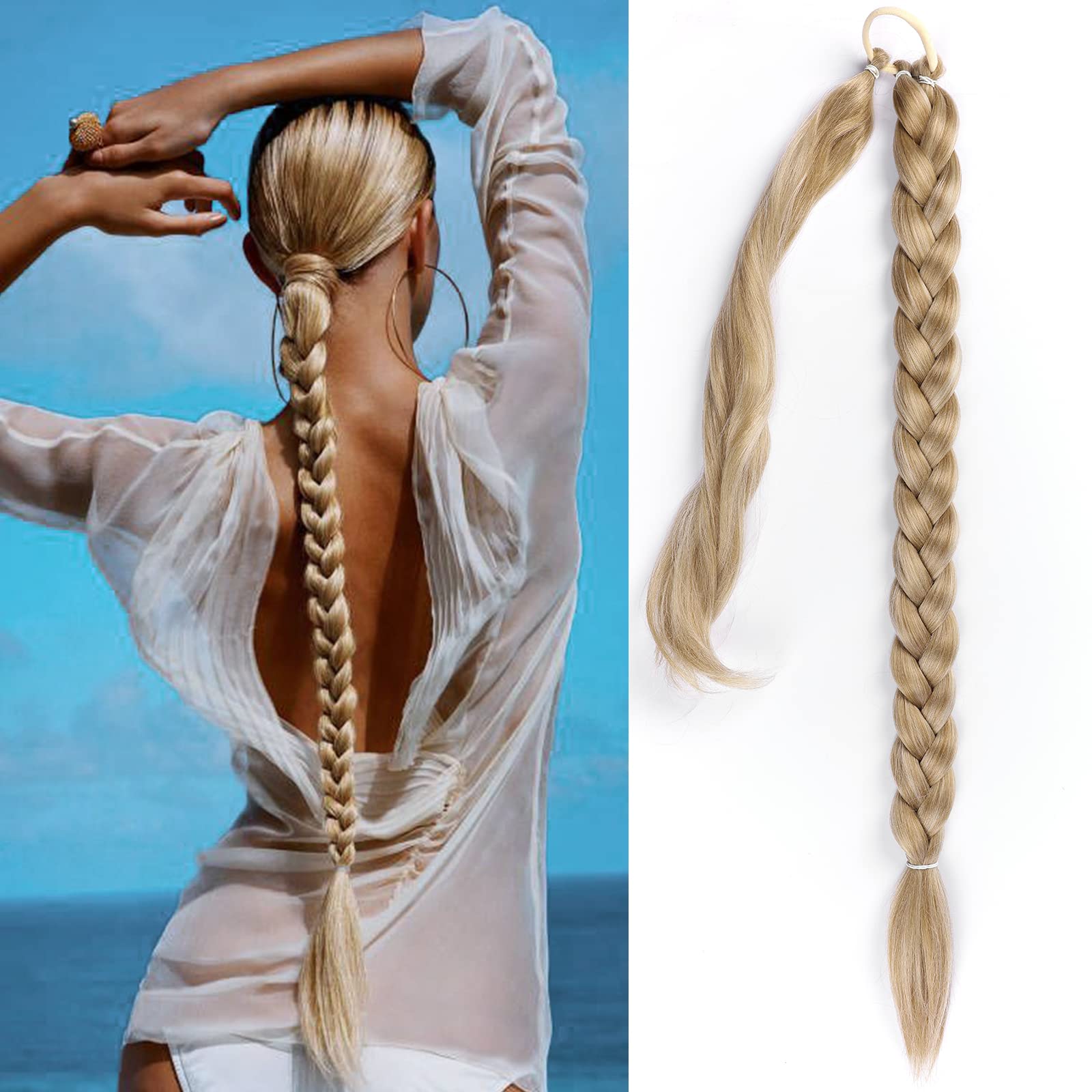 Photo 1 of HAIRCUBE Long Braided Ponytail Extension with Hair Tie Straight Wrap Around Hair Extensions Ponytail Natural Soft Synthetic Hair Piece for Women Daily Wear 32 Inch 150 Gram (Mixed Blonde)