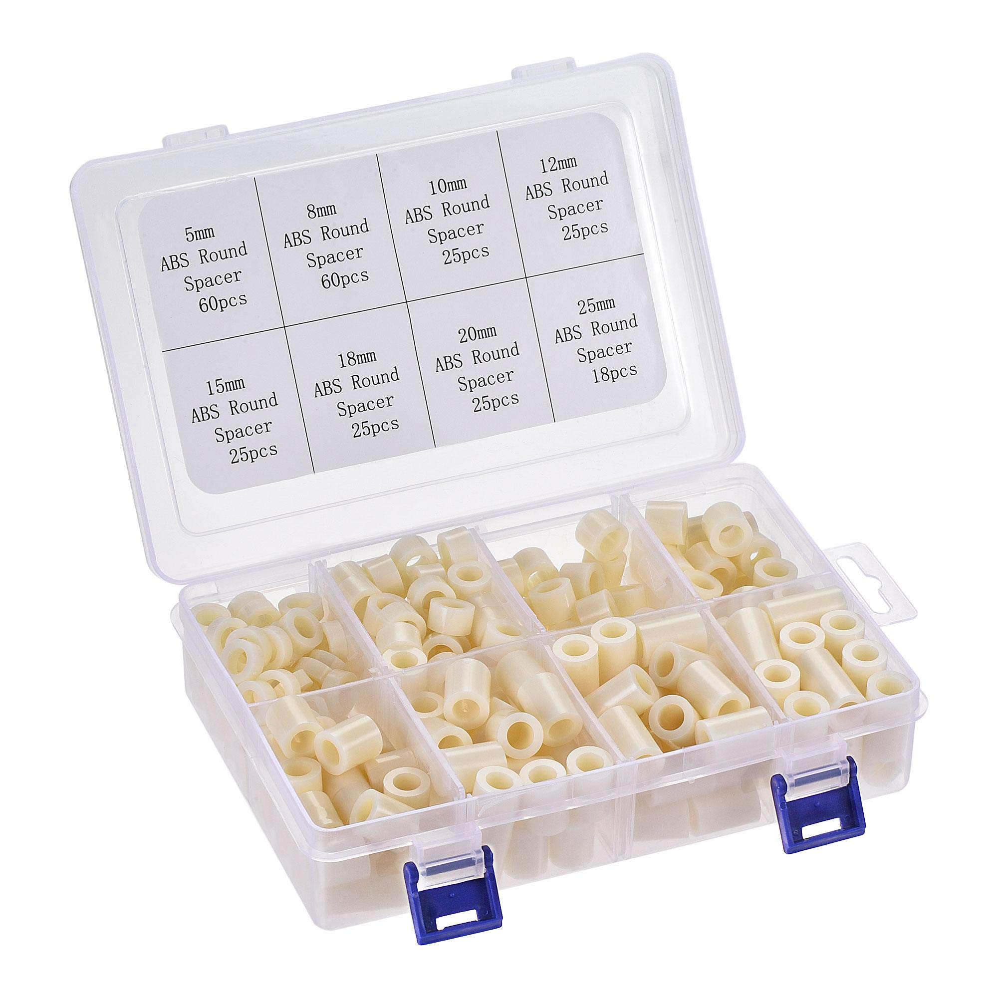 sourcing map ABS Round Spacer Assortment Kit ID 8.2mm OD 14mm for M8 Screws, 8 Sizes Plastic Standoff (5mm 8mm 10mm 12mm 15mm 18mm 20mm 25mm), 263pcs
