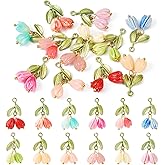 Beadthoven 12Pcs Resin Flower Charms for Jewelry Making, Acrylic Rose Flower Pendants with Leaf Rose Dangle Charms Beads for DIY Necklace Earrings Bracelets DIY Accessory