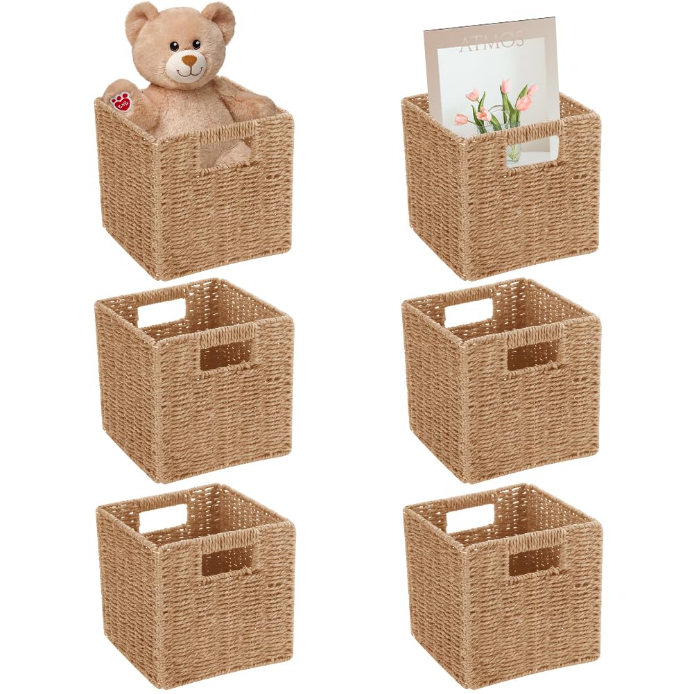 Photo 1 of Ukontagood 6 Pack 8.7 Inch Wicker Baskets, Hand Woven Paper Rope Storage Baskets, Foldable Cube Storage Bins Organizer Square Wicker Cubes for Shelves Pantry Organizing & Decor