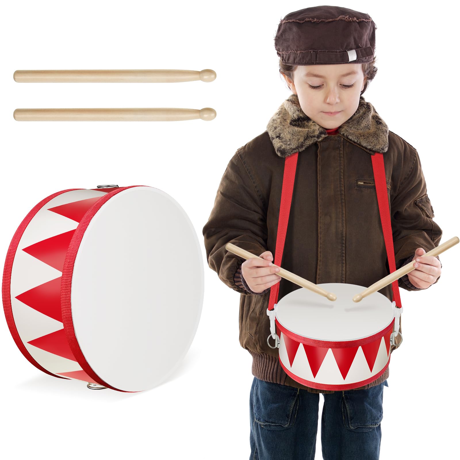Photo 1 of Kids Drum Set 8 Inch Wooden Toy Drum with Adjustable Strap 2 Drumsticks Educational Sensory Musical Instrument Toy Set for Toddlers Kid Baby Boys Girls Gift(Red Triangle Style)