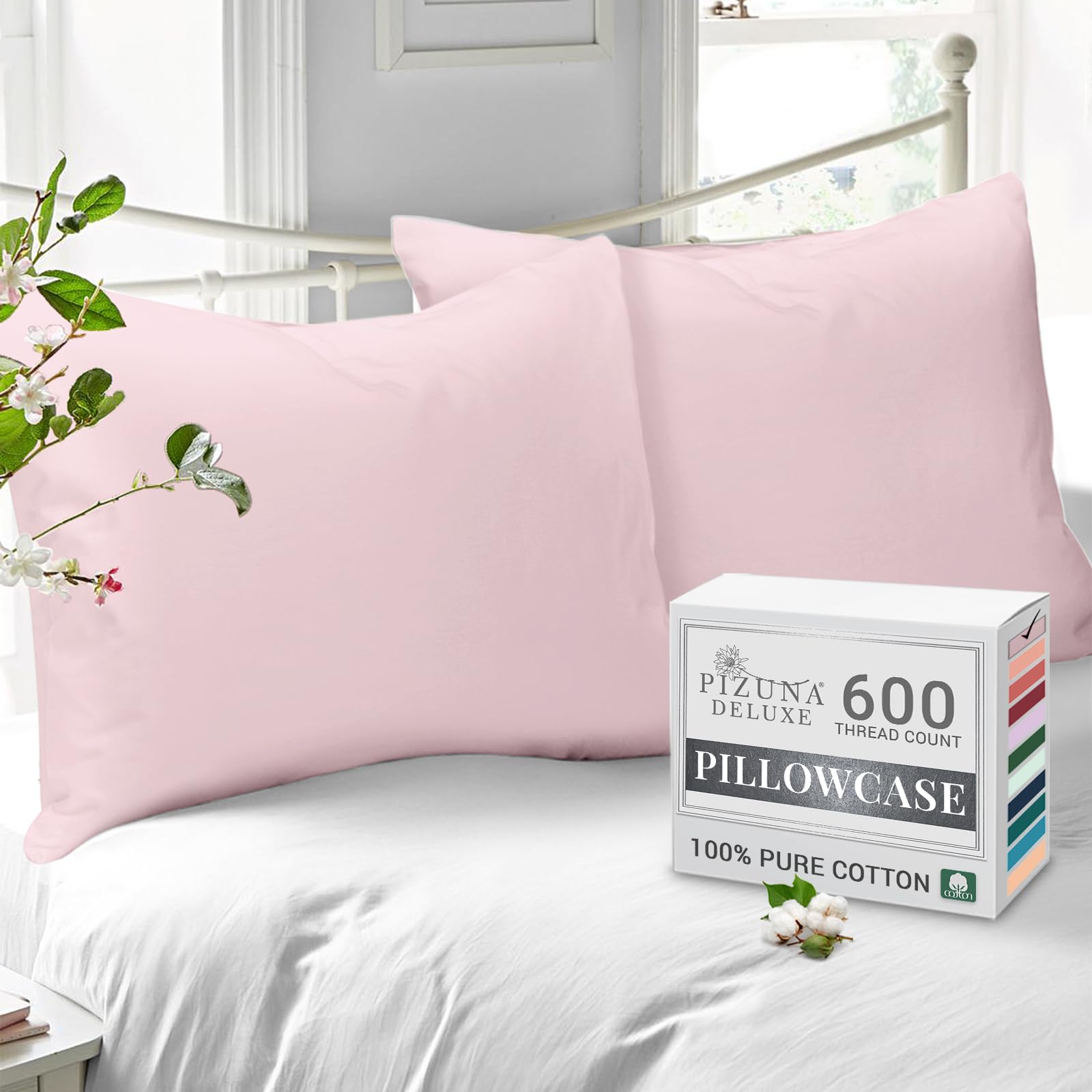 Pizuna Pure Combed Cotton Housewife Pillowcases 2 Pack Light Pink 48x74cm, 600 Thread Count 100% Long Staple Combed Cotton Pillow Cover, Soft Sateen Housewife Pillow Cases (100% Cotton Pillowcase)