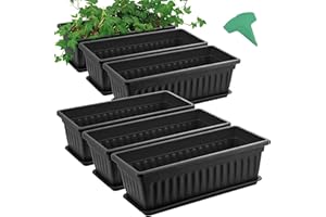 GROWNEER 6 Packs 17 Inches Black Flower Window Box Plastic Vegetable Planters Long Pots with 15 Pcs Plant Labels for Outdoor 