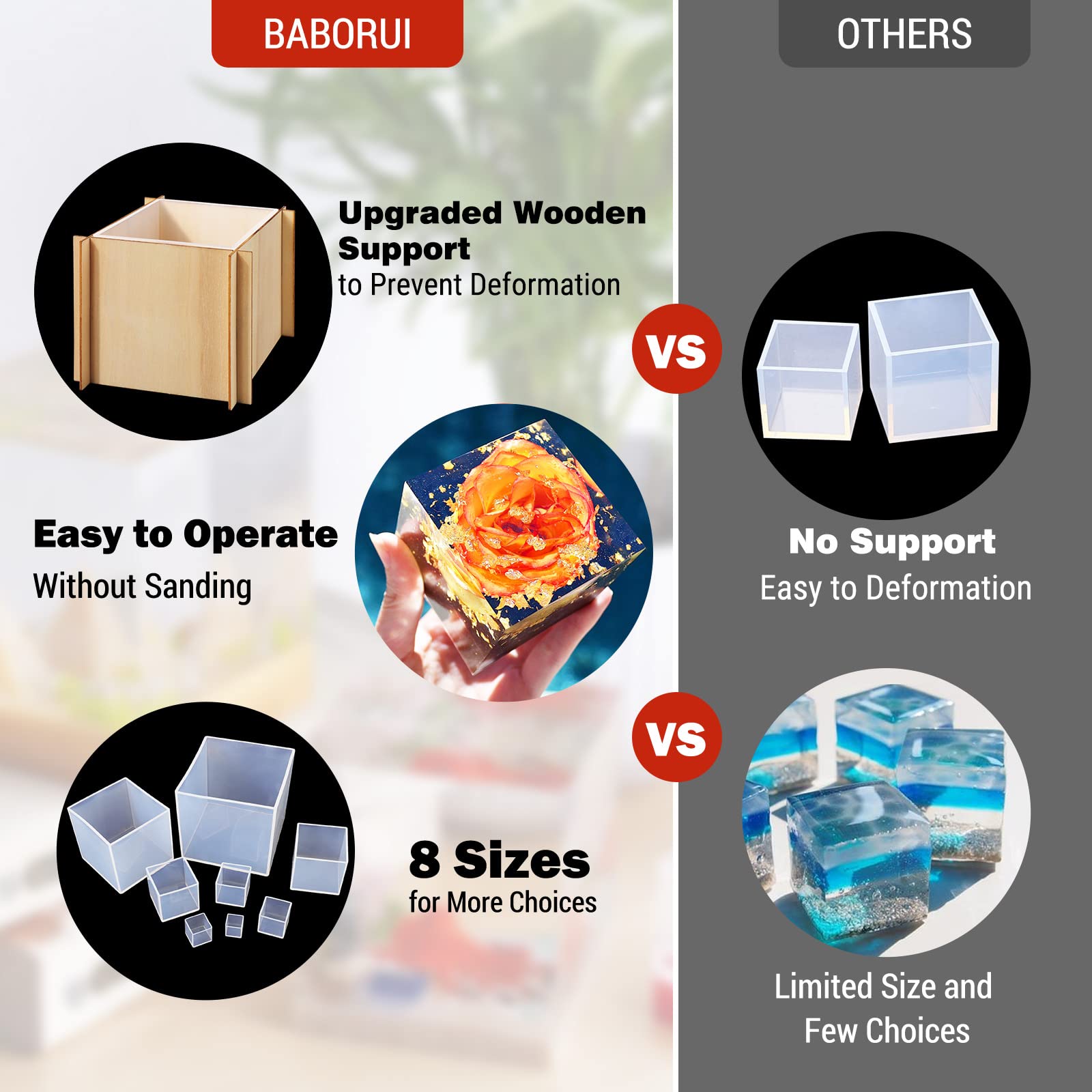 BABORUI 8Pcs Large Square Resin Molds Silicone, Upgraded Cube Silicone Molds for Resin Casting with Wooden Support, Square Epoxy Resin Molds for Home Decor, Flowers Preservation