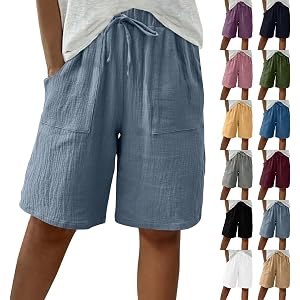 HJYUZP Cotton Linen Shorts for Women Knee Length Bermuda Shorts | Summer Casual Lounge Long Shorts, High Waisted Drawstring w