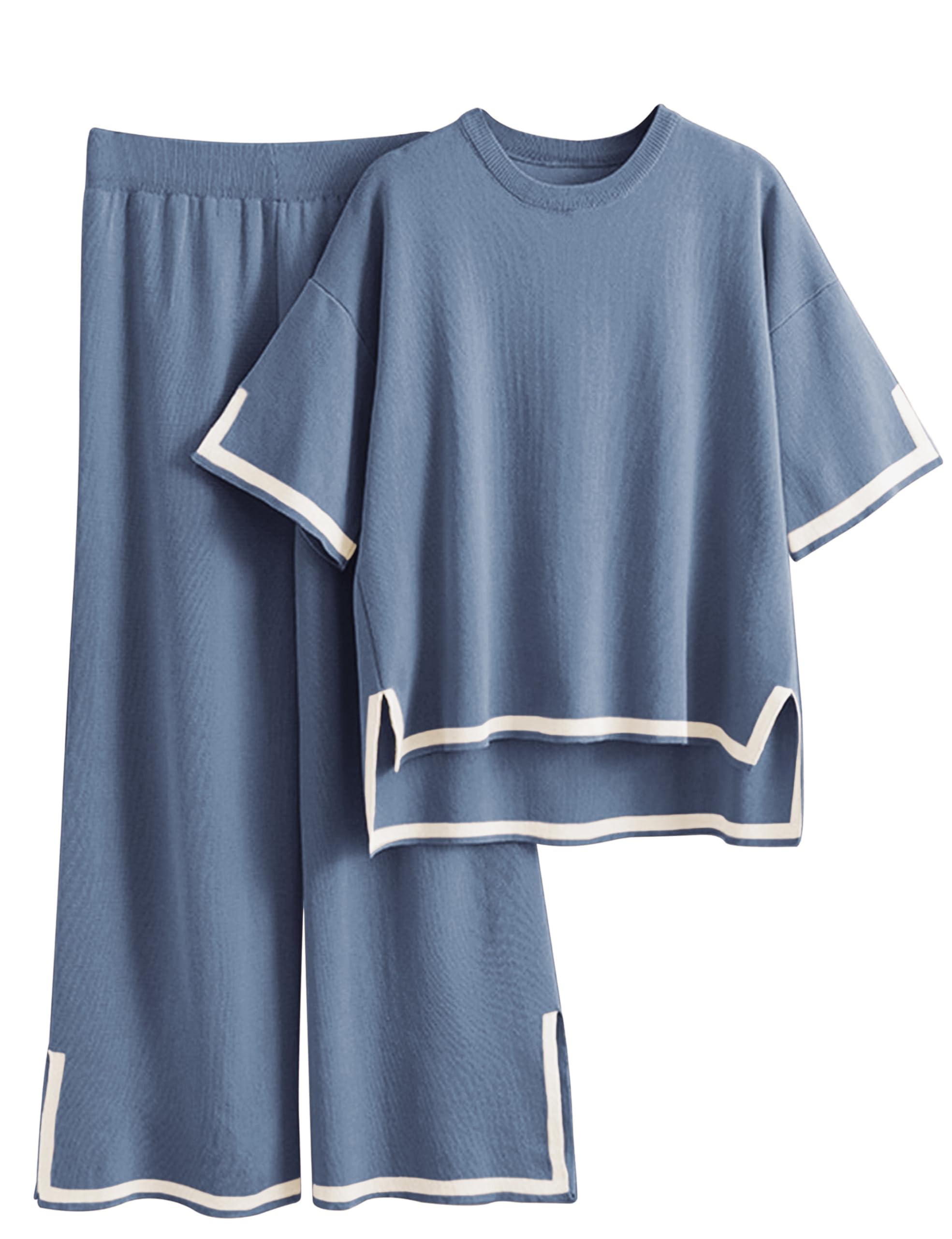 Photo 1 of Tanming Sweater Sets Women 2 Piece Lounge Sets Short Sleeve Knit Pullover Tops Wide Leg Pants (Blue, X-Small)