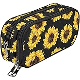 ANANGTEE Sunflowers Pencil Case for Teen Girls Boys Kids Women Men, Heavy Duty Large Capacity School Stuff Student Stationery 3 Zippers Pouch, Soft Organizer Marker Pen Box