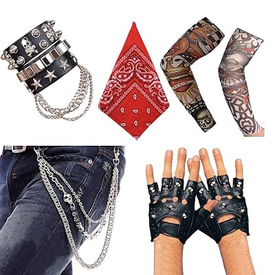 80er/90er Gothic Rocker Kostüm-Set – Mit Sonnenbrille, Goldkette, Tattoo-Ärmeln, Aufblasbarer Gitarre & Mehr
