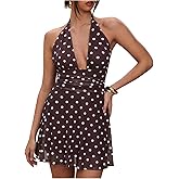 Milumia Women's Polka Dots Ruched Backless Halter Mini Dress Sexy Deep V Neck A Line Short Dresses