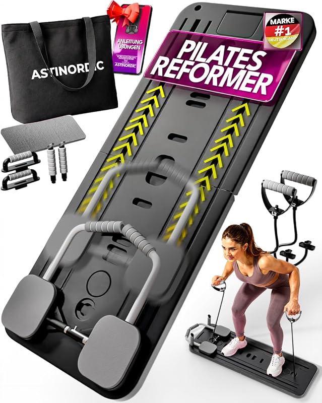 Klappbarer Pilates Reformer für Zuhause mit Zubehör & 10 Übungen – Pilates Board / Pilates Brett, Mini Pilates Reformer Gerät, Home Gym Pilates Reformer Maschine (SCHWARZ)