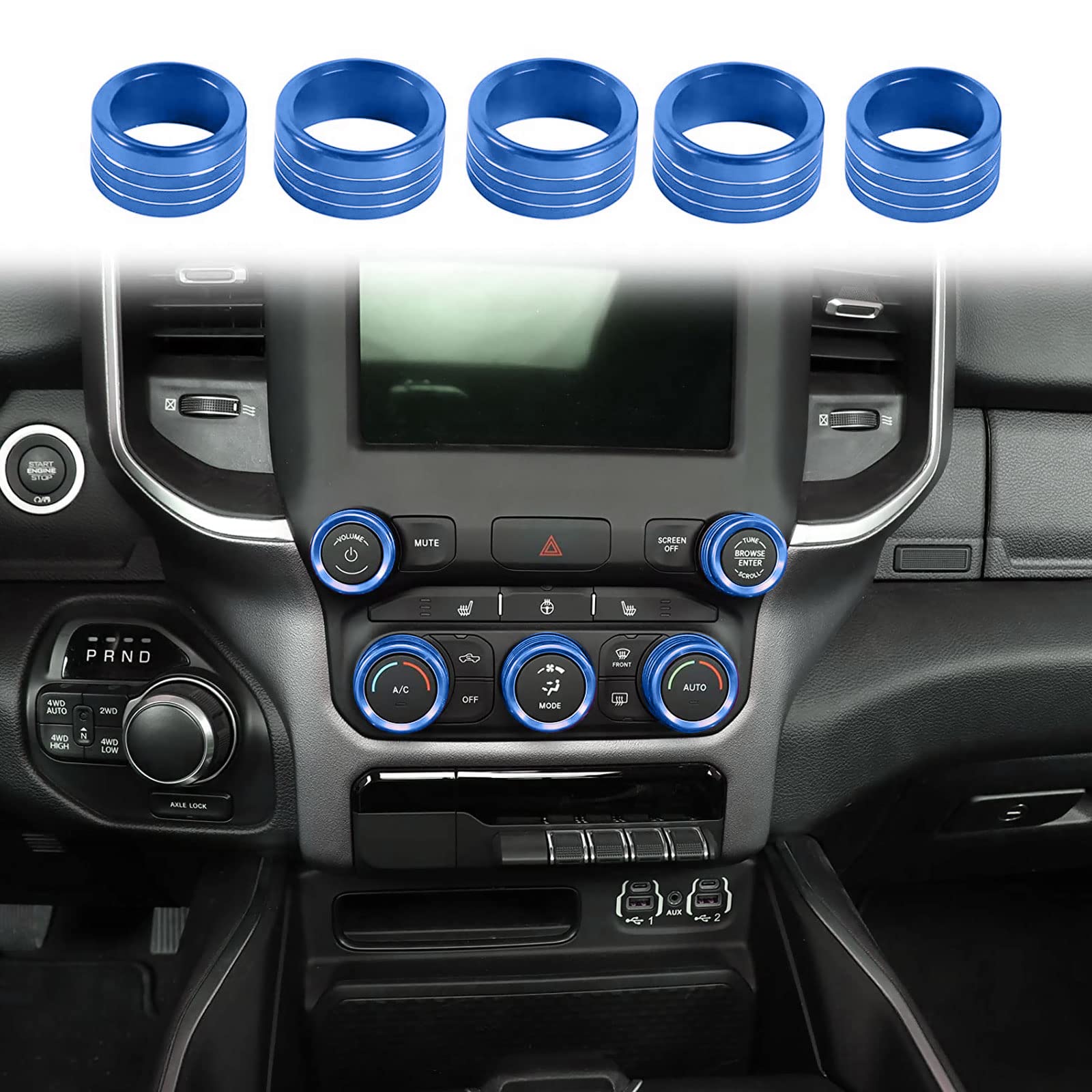 Photo 1 of Voodonala for Dodge RAM Aluminum Center Console AC Radio Switch Knob Cover for 2018-2025+ RAM Interior Accessories, 5pcs Blue