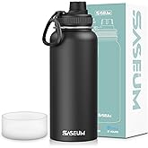 SASEUM Insulated Stainless Steel Water Bottles 32oz with Spout Lids Metal Vacuum Thermal Large Water Jug Leak-proof Reusable Flask for Sports Gym and Travel,Black