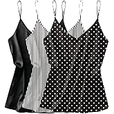 Ekouaer 3 Pack: Womens Silk Satin Tank Top V Neck Camisole Cami Spaghetti Strap Top Loose Sleeveless Blouses Tank Shirt