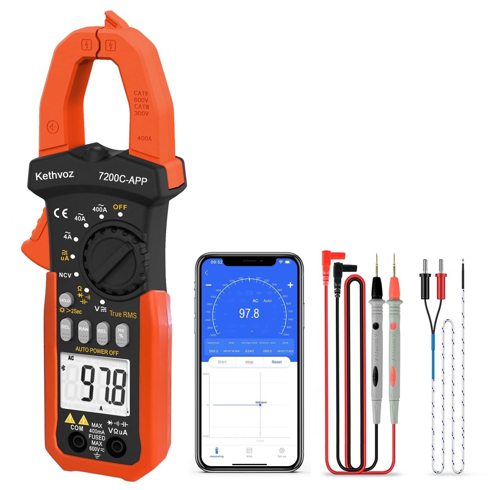 Bluetooth Multimeter with Clamp, 4000 Counts TRMS Kethvoz Digital Muti Meter Auto Rang AC/DC Current Amp Voltmeter NCV Ohm Resistance Continuity Buzzer Capacitance Electrical Tester for Car