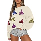 ECYJIO Magic Kingdom Sweatshirt for Women Magical Sweatshirts Colorful Castle Sequins Sweater Vacation Long Sleeve Tops