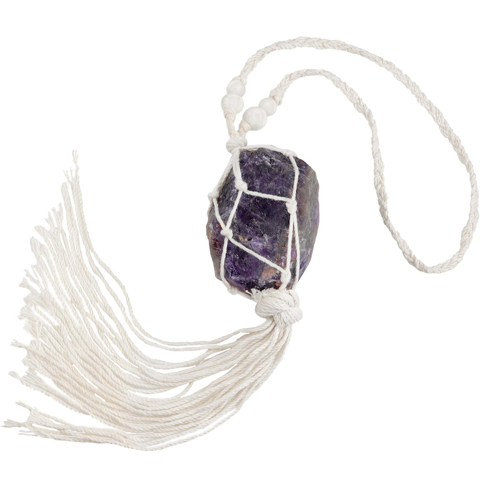 mookaitedecor Amethyst Crystal Raw Stone Hanging Ornament with Tassels Feng Shui Wall Ornament for Home Car Decoration
