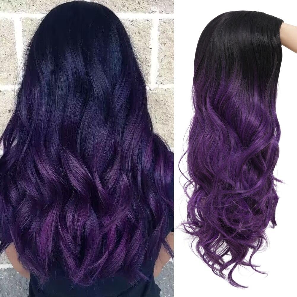 Salaibs Black to Purple Long Curly Womens Wig Ombre Purple Wavy Middle Part Hair Wigs Synthetic Fiber Cosplay Halloween Wig โ image 1