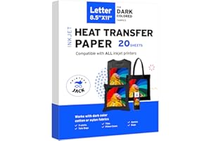 Printers Jack Iron-On Heat Transfer Paper for Dark Fabric 20 Pack 8.5"x11" T-Shirt Transfer Paper for Inkjet Printer Wash Durable, Long Lasting Transfer, No Cracking