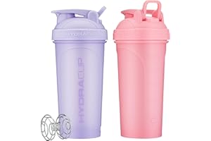 Hydra Cup ProFlow [2 Pack] 28 oz Shaker Bottles for Protein Shakes, Shaker Cups with Ball Blender Whisk, Shaker Bottle with Handle, Travel To Go, BPA Free (Pink & Purple, 28oz)