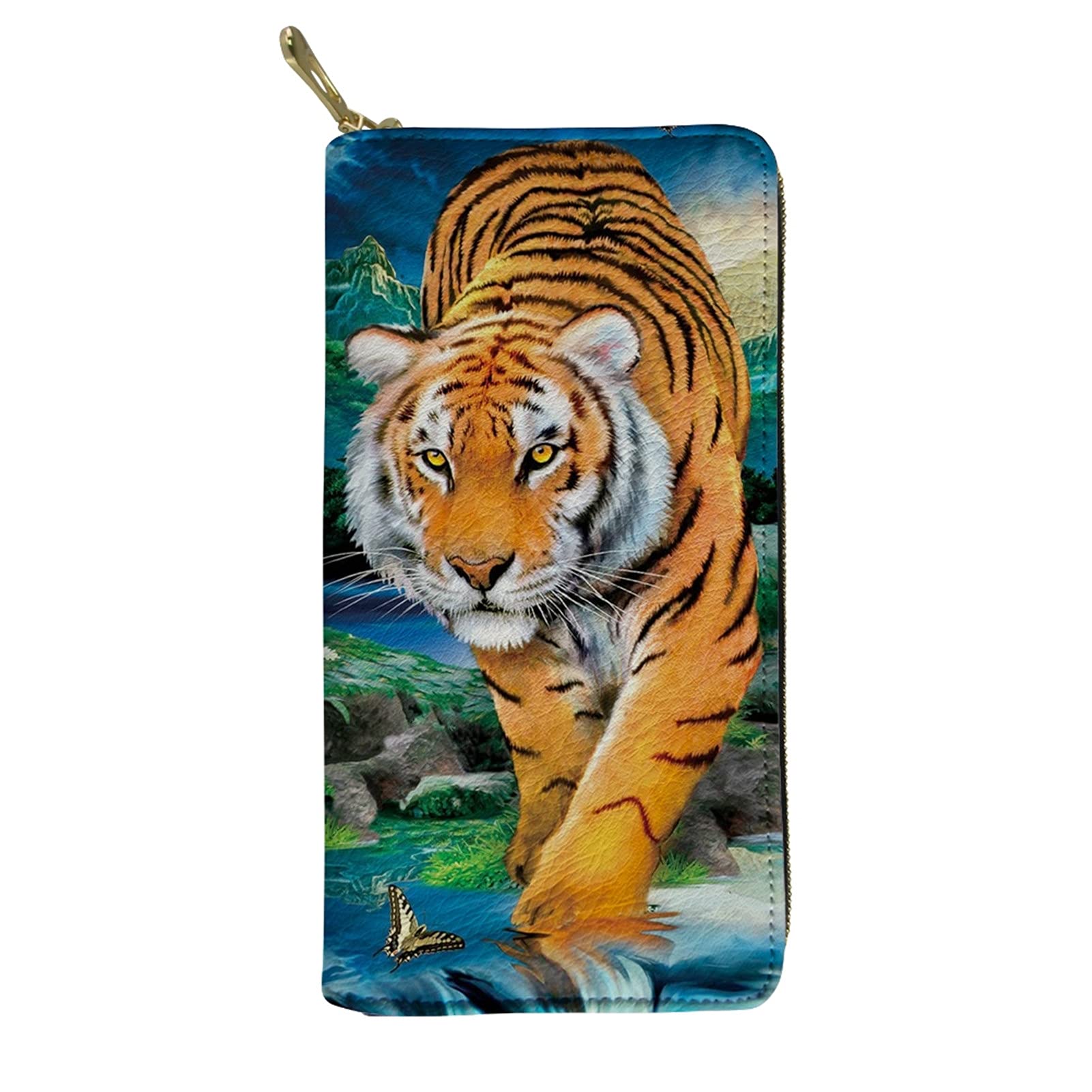 Binienty Animal Tiger Print, PU Leather Long Wallet for Women Girls, Zip Around Purse