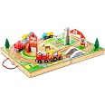 Melissa & Doug 17-Piece Wooden Take-Along Tabletop Farm, 4 Farm Vehicles, Play Pieces, Barn, Grain House