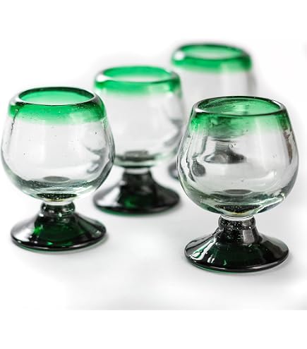 Amazon.com | MEXTEQUIL Traditional Mexican Shot Glasses (Set of 4)   Emerald Green Rim  2 oz Handblown Recycled Glassware  Authentic Artisanal  Barware: Shot Glasses