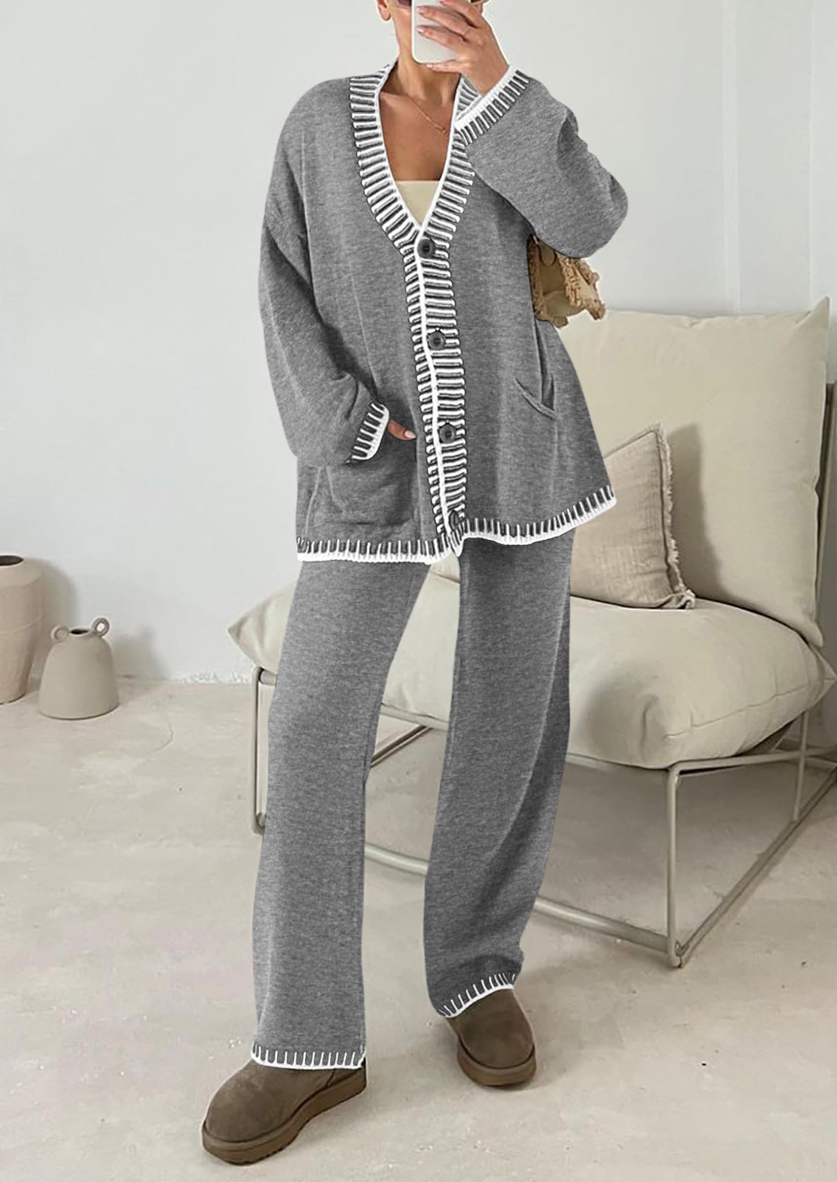 PRETTYGARDEN Women's 2 Piece Outfits Knit Matching Lounge Sets Long Sleeve V Neck Cardigan Sweaters Wide Leg Pants Tracksuits (Grey,Large) - Image 4