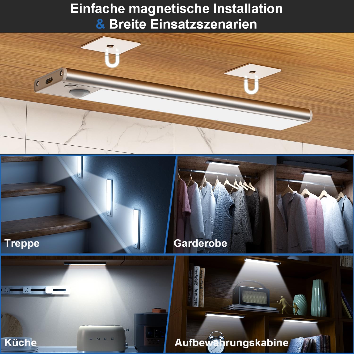 Schrankbeleuchtung Unterbauleuchte Küche LED Lampe - 20cm Bewegungsmelder Licht Akku Schrank Beleuchtung - Batterie Leuchte Schranklicht Lichtleiste Kabellos Leiste Küchen USB Light Aufladbar Dimmbar 6