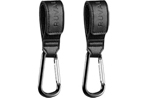 RUVALINO® Leather Stroller Hooks for Diaper Bag and Stroller Organizer - Stroller Strap with Large Carabiner Clip for Shopping Bags - Accessories for Wheelchair, Shopping and Pet Carts, Black, 2 Pack