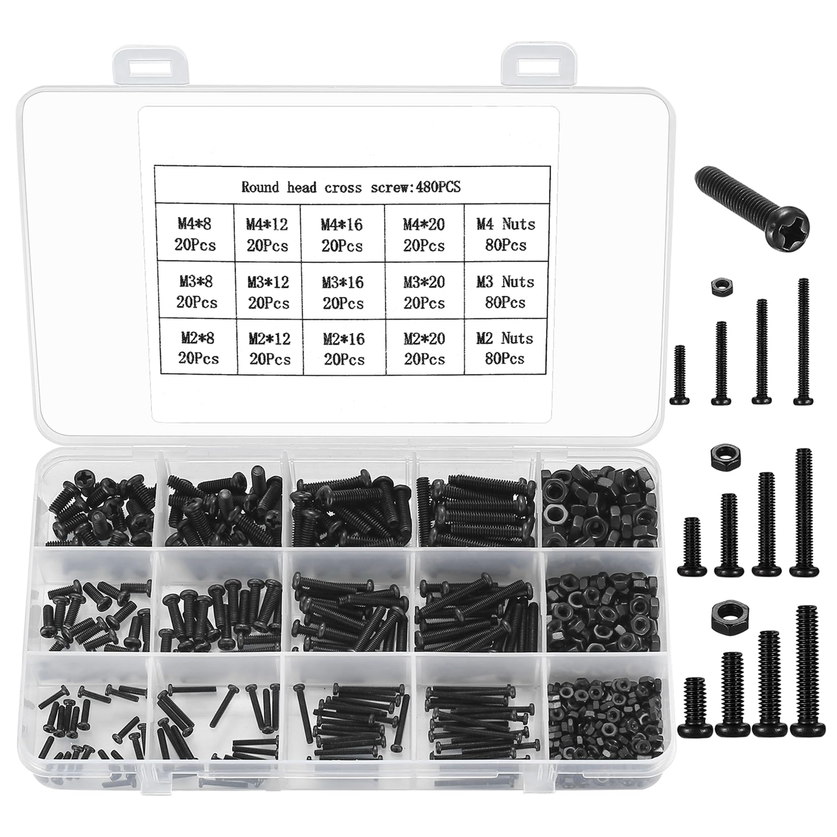 Heozhuyi 480 Piece Screws and Nuts Set - M2/M3/M4 Carbon Steel Round Head, Pan Head, Hex Bolts, Phillips Screws Combo