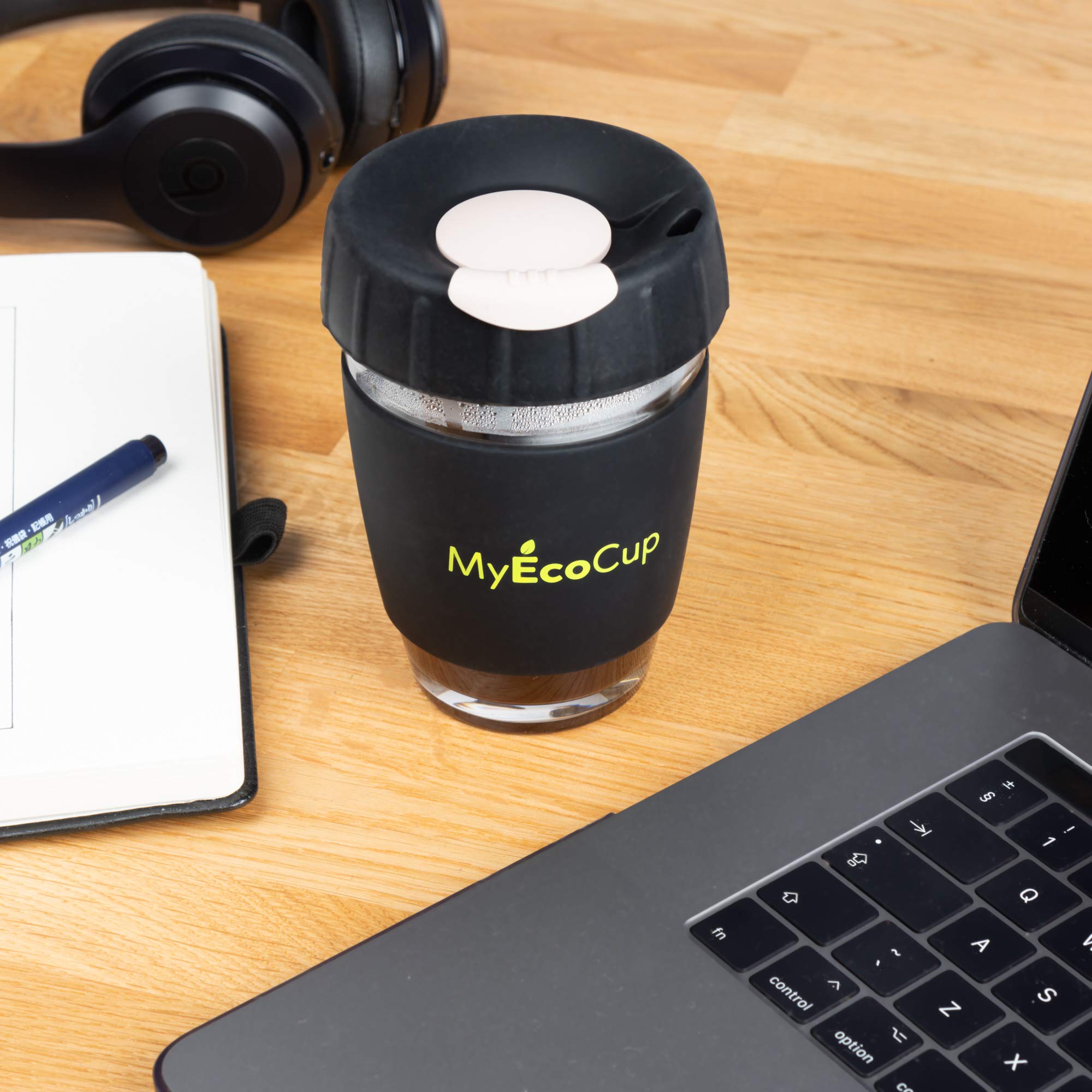 MyEcoCup Eco Friendly Glass Coffee Cups 12oz. Reusable Travel Mug & Portable Keep Cup for Tea, Latte, Americano & Iced Drinks! Take Away Mugs Include Smart Slip & Secure Lids with Insulated Handle - Black