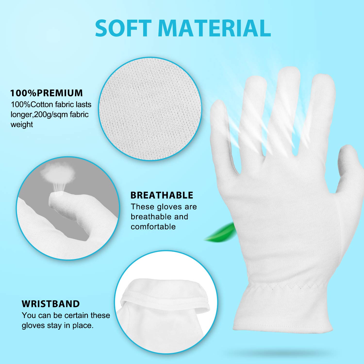 comfykare 100% Cotton Gloves for Dry Hands, (3 Pairs, Medium Size) White Gloves, Moisturizing Gloves Overnight Healing and Beauty, Jewelry Inspection, Washable Work Gloves, 9.5 Inches in Length: Beauty